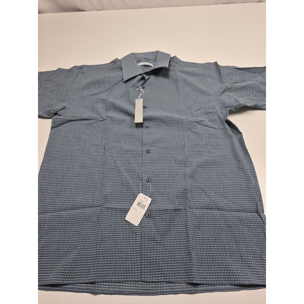 Metaphor Shirt Mens L Blue Check 100% Cotton Short Sleeve Hong Kong Lightweight